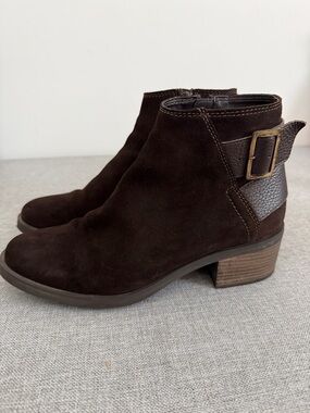 Clarks Dark Brown Suede Ankle Boot with Buckle Accent